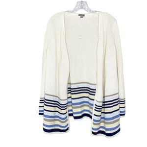 J Jill White Blue Striped Open Knit Cotton Blend Cardigan Size L